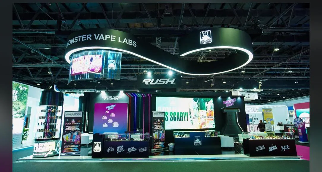Monster Vape Labs exhibition stand at World Tobacco Middle East 2025, Dubai World Trade Centre, built by Nova Elite